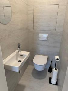 une salle de bains blanche avec toilettes et lavabo dans l'établissement Kesselbauer Apartment near Prezident Palace, à Bratislava