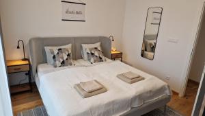 une chambre avec un lit blanc avec deux oreillers dessus dans l'établissement Kesselbauer Apartment near Prezident Palace, à Bratislava