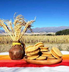 a plate of bananas on a table with a vase at Viento Zonda in Santa María