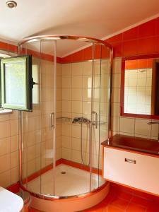 a bathroom with a shower with a glass enclosure at Galini Retreat in Klitoria