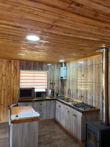 cocina con paredes de madera y techo de madera en Cabañas Don Agustín Pucón, en Pucón