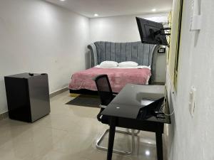 a room with a bed with a desk and a tv at Hannabi Beach Hotel in Boca Chica +17 photos