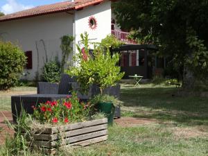 un jardin devant une maison avec des fleurs dans l'établissement Maison spacieuse près du lac avec piscine privée, idéal pour 16 personnes - FR-1-50-145, à Aureilhan