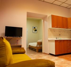 a living room with a couch and a kitchen with a tv at Rijeka center apartment 40m in Rijeka