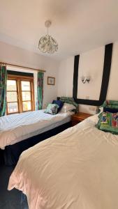 Un dormitorio con dos camas y una lámpara de araña. en Malston Mill Farm, en Kingsbridge