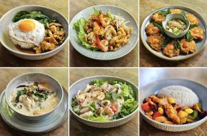 a group of four pictures of food in bowls at GalileOasis Boutique Hotel in Bangkok