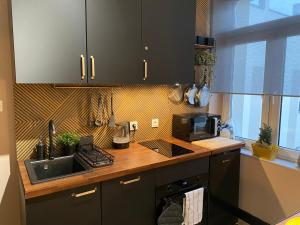 a kitchen with a sink and a microwave at Polonia Apartments No-68 Near Piotrkowska in Łódź