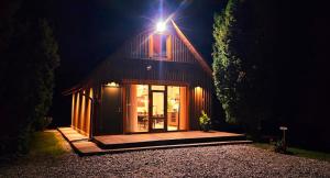 a house with a light on top of it at night at 4 Wheels Cabin in Būda +16 photos