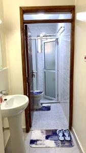 a bathroom with a shower and a sink and a toilet at The Royal Residence in Kitengela  +8 photos