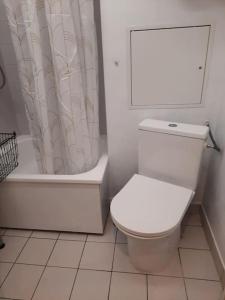 une salle de bain blanche avec toilettes et douche dans l'établissement Charming Duplex near Disney, à Bussy-Saint-Georges