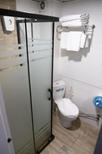 a bathroom with a toilet and a glass shower door at Çağ Otel in Erzurum +31 photos