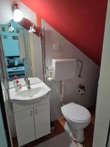a bathroom with a white toilet and a sink at Adel's in Subotica +41 photos