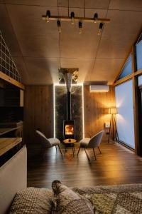 a living room with a couch and a fireplace at Цекіт in Yaremche