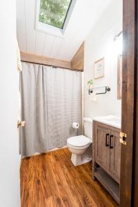 a bathroom with a toilet and a sink and a shower at Secluded Chalet near Ohiopyle and Seven Springs in Acme