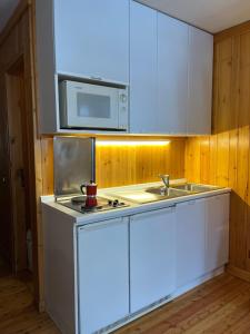 a kitchen with a microwave and a stove top oven at Baita Trentin in Alagna Valsesia