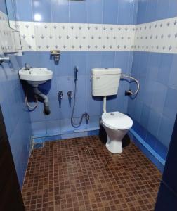 a blue bathroom with a toilet and a sink at Verdant Hillock in Wayanad