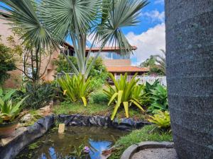 a garden with a pond in front of a house at Rancho da Diversão com 4 quartos in Sao Paulo