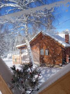 ein kleiner Weihnachtsbaum vor einer Blockhütte in der Unterkunft Planinska kuca Ella in Jelik