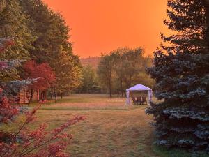 a gazebo in the middle of a field at Ferienwohnung Kirchbergaussicht in Olbersdorf