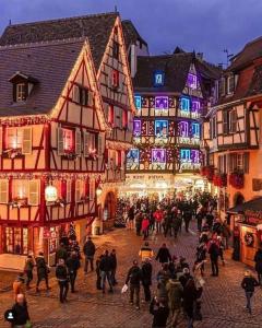 a group of people walking down a street with buildings at Joli triplex proche Colmar in Sainte-Croix-en-Plaine
