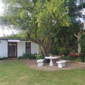 a picnic table in a yard next to a tree at Belle vallée Cottage in Greyton +12 photos