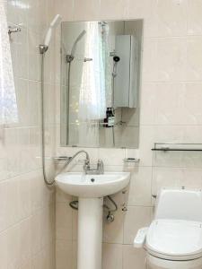 a bathroom with a sink and a toilet and a mirror at Casa Choi 3 Bedroom Apartment in Seoul in Seoul