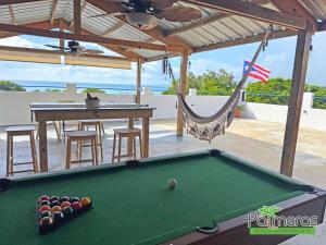 een pooltafel in een achtertuin met een hangmat bij Palmeras Beach Apartments - Playa Santa in Guanica