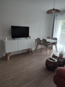salon z telewizorem na białej szafce w obiekcie T2 en centre ville avec place de parking privative w mieście Le Mans