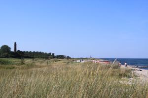 a beach with tall grass and the ocean and a lighthouse at Ferienhaus Campingpark Waldesruh in Behrensdorf