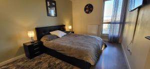 een slaapkamer met een bed met twee lampen en een raam bij Appartement Standing in Lille +12 foto's