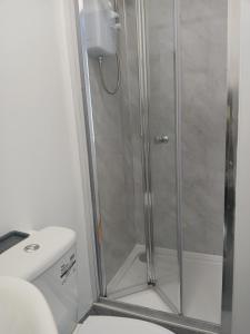 a shower with a glass door next to a toilet at Time Space Bliss in Dagenham Dock +19 photos