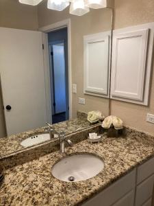 a bathroom counter with a sink and a mirror at Hidden Haven in Canyon Lake