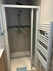 una doccia con una porta in vetro in un bagno di Appartement meublé T1 Lussac les Chateaux a Lussac-les-Châteaux