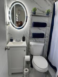 a bathroom with a toilet and a sink and a mirror at Villa Clara Blue-Little Havana in Miami