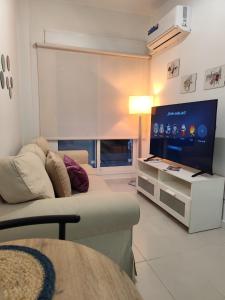 a living room with a couch and a flat screen tv at San Nicolas Apartaments in Fuengirola
