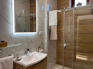a bathroom with a sink and a glass shower at Csórtok in Lug