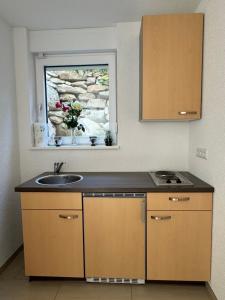 a kitchen with a sink and a window at Ferienwohnung in Jestetten an der Landesgrenze zu Schaffhausen und Zürich in Jestetten