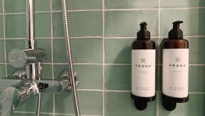 two bottles of shampoo sitting on a bathroom wall at Sherryflat Catedral in Jerez de la Frontera +48 photos