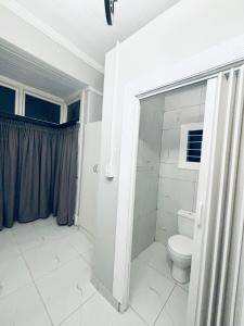 a white bathroom with a toilet and a shower at Stay-Tiah Whyte Room in Durban