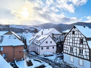 a village with snow covered buildings and a car at Duplex moderne à 10 minutes de Colmar in Wintzenheim