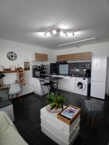 eine Küche und ein Wohnzimmer mit einem Tisch und einer Waschmaschine in der Unterkunft Appart paisible, propre et accueillant in Pers-Jussy