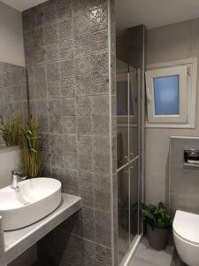 een badkamer met een wastafel, een toilet en een douche bij Retro in Tríkala