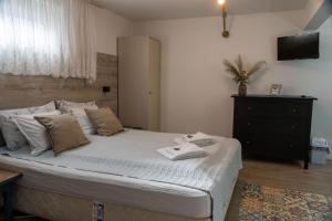 a bedroom with a bed and a dresser and a television at Guest House Malusha in Gabrovo