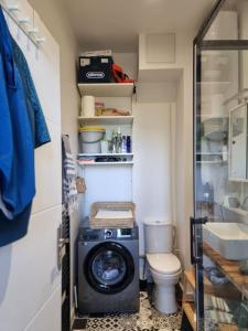 a bathroom with a washing machine and a toilet at Élégance au Bord de l'Eau in Aiguebelette-le-Lac +7 photos