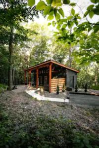 洛根The Hillside Retreat - Cozy container home with Hot tub and Fire pit的森林中间的小小屋