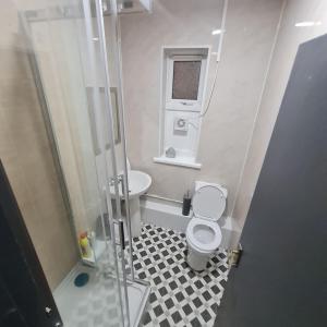 a small bathroom with a toilet and a sink at Colebert Avenue in London