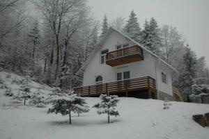 une maison recouverte de neige avec des arbres en arrière-plan dans l'établissement Șoaptele pădurii & Căsuța din pădure, à Suceviţa