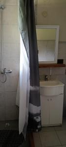 La salle de bains est pourvue d'un rideau de douche et d'un lavabo. dans l'établissement Hospedaje Ruca peñi, à San Carlos de Bariloche 10 autres photos
