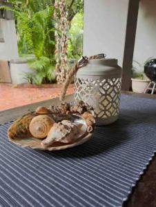 ジンクワジ・ビーチにあるSea Esta Coastal Beach Houseのテーブルの上の皿の上の犬の置物