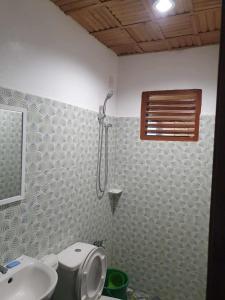 a bathroom with a shower and a toilet and a sink at MarineroTravellers Inn in San Vicente